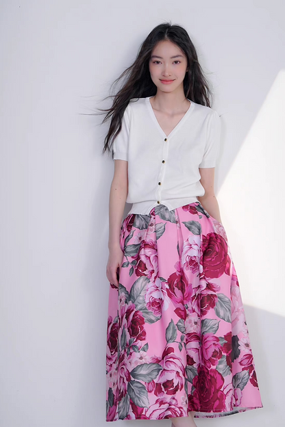 French elegant printed high-waisted skirt