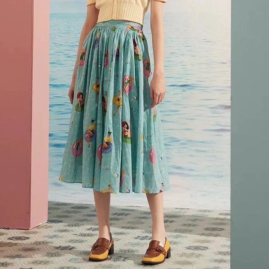 retro beauty printed elastic waist pleated skirt 