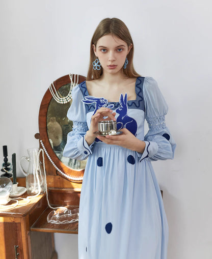blue and white rabbit embroidery polka dot square collar dress 