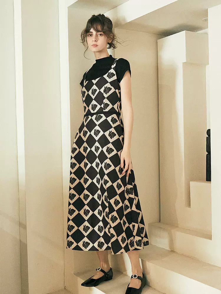 original rhombus rabbit print outer wear slim vest dress – remulia