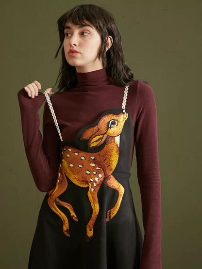 Fawn Heavy Embroidery Waist Arc Suspender Swing Dress 