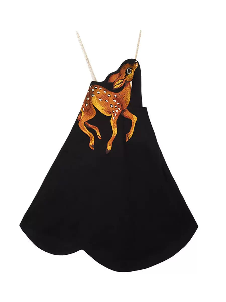 Fawn Heavy Embroidery Waist Arc Suspender Swing Dress 