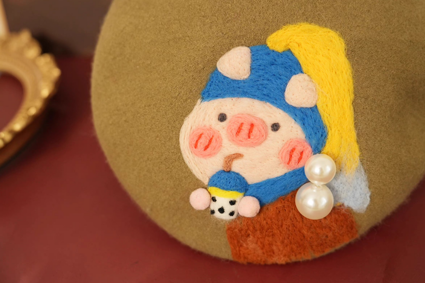 wool felt cute pearl pig beret