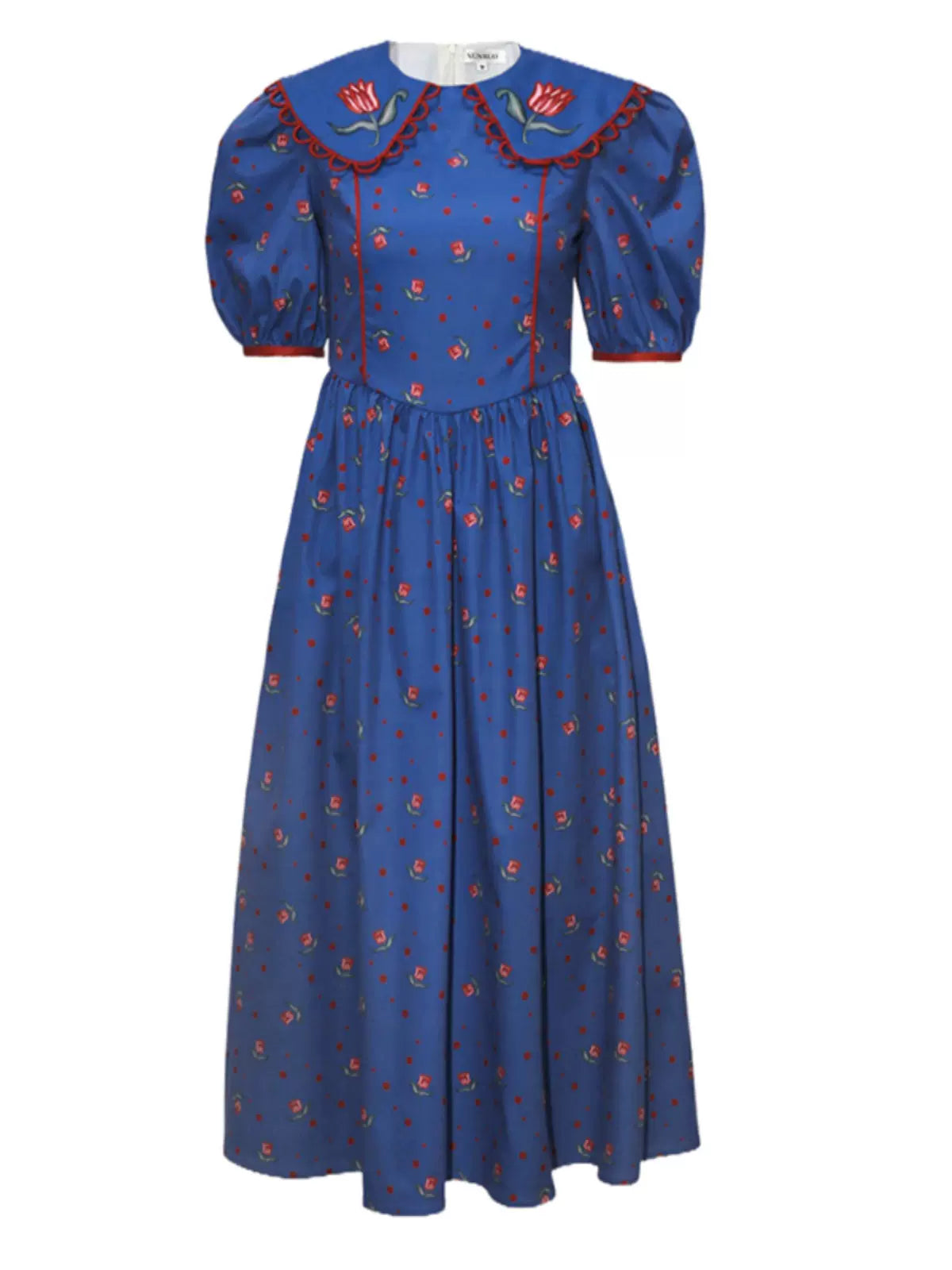 retro blue rose printed doll collar short-sleeved dress 