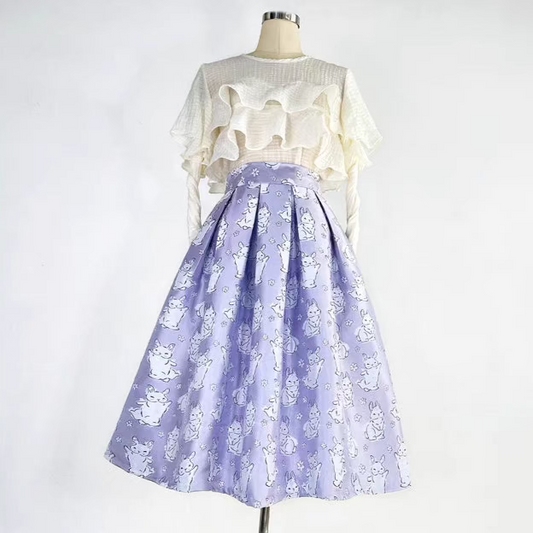 Rabbit flesh-covering puff embroidered high-waisted skirt 