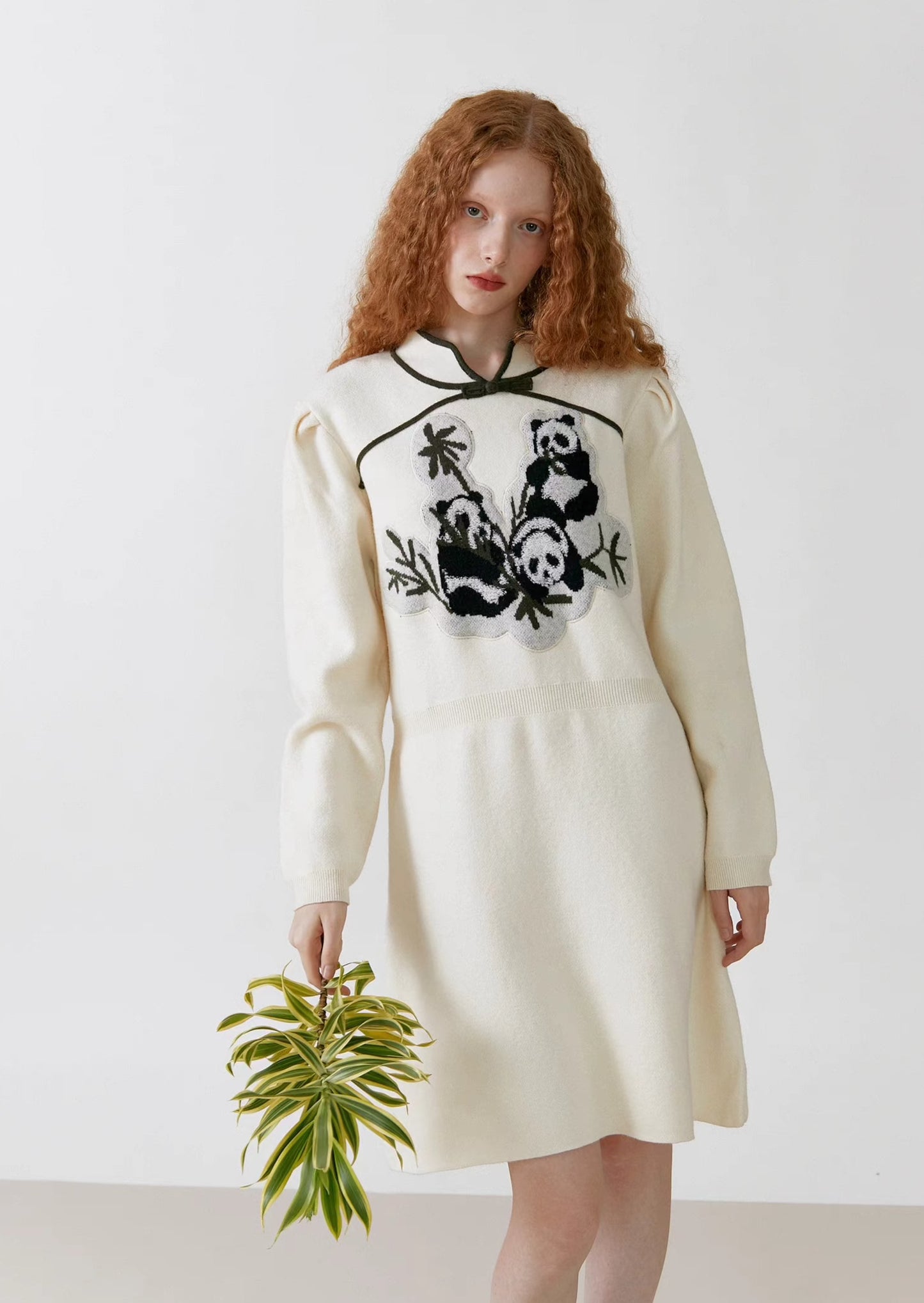 panda embroidered stand collar knitted dress 