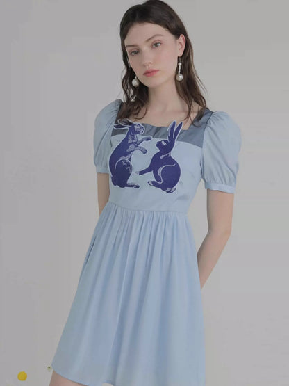 blue and white rabbit embroidered square-neck short-sleeved dress 