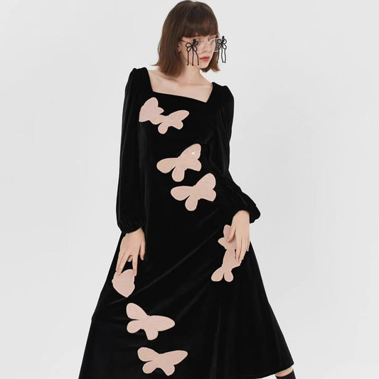 pink butterfly embroidered square collar velvet dress 