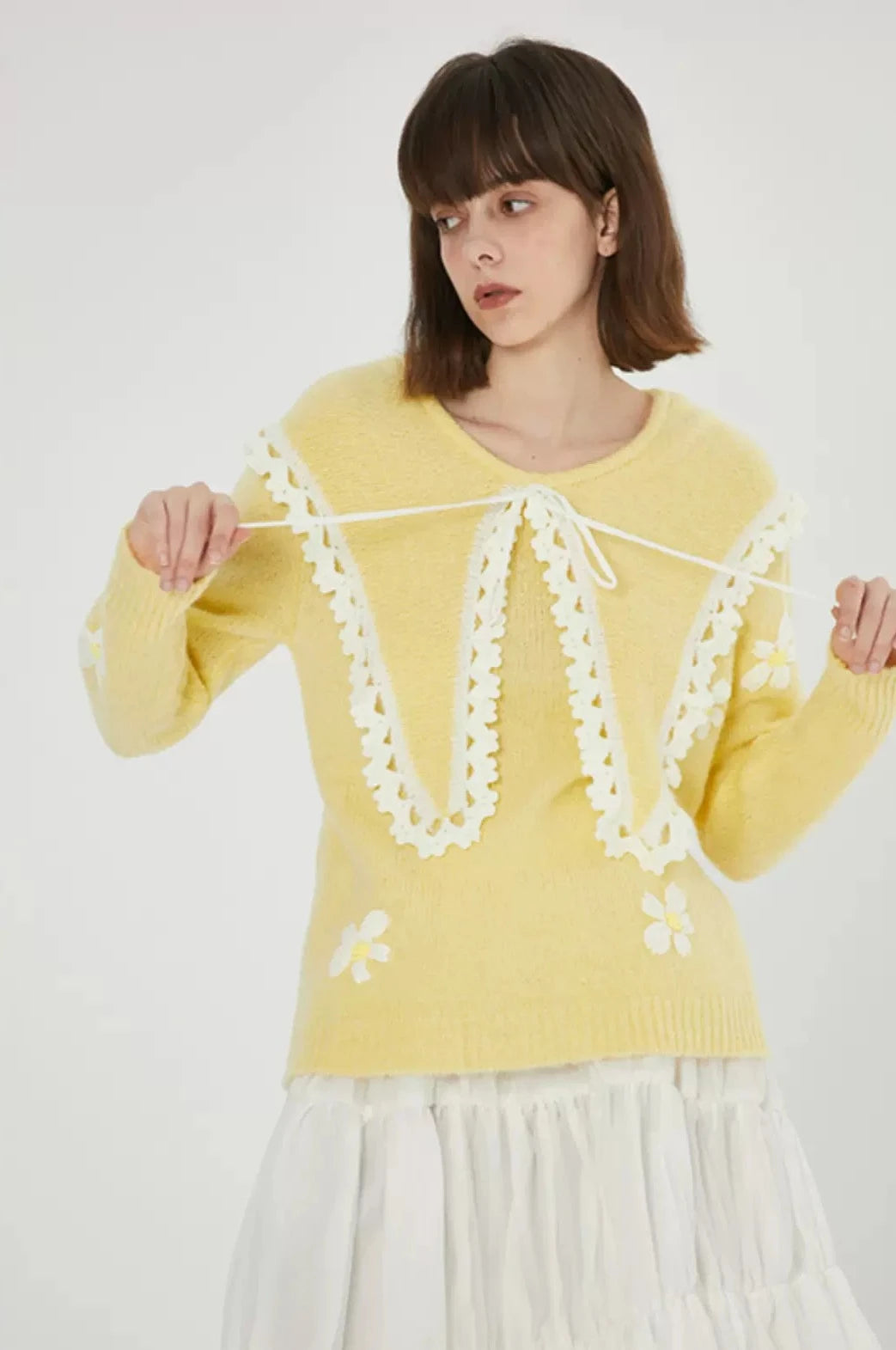 large yellow lapel sweater