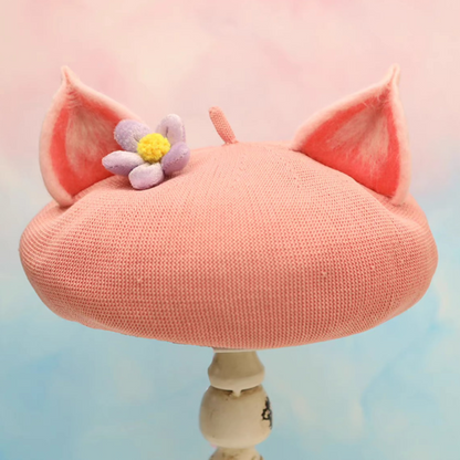 wool felt cute pink fox ears beret