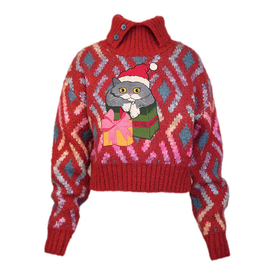 painted cat embroidered long-sleeved top