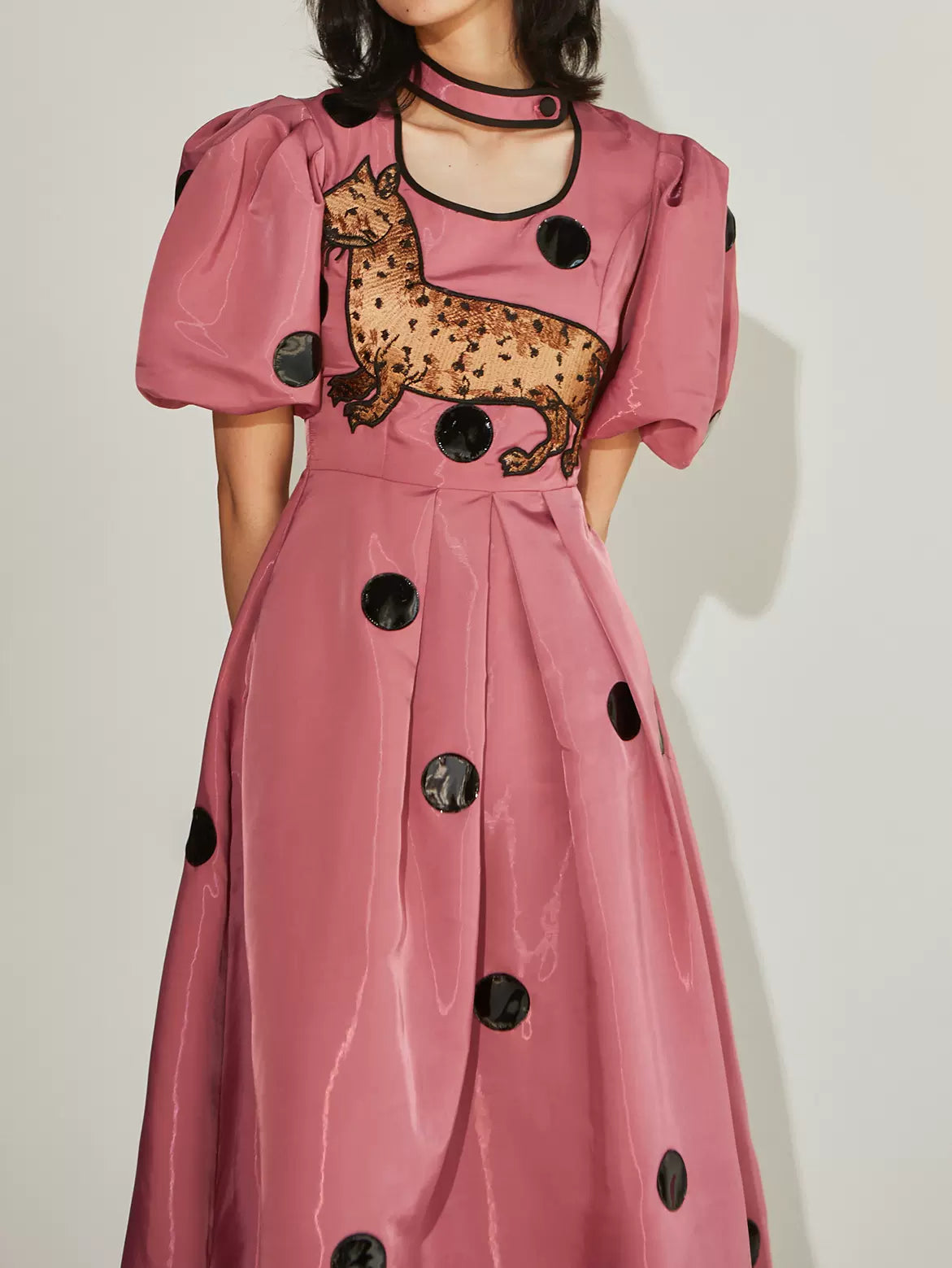 leopard cat embroidered polka dot short-sleeved dress