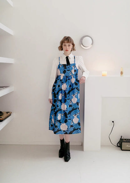 blue cat and vase print suspender dress