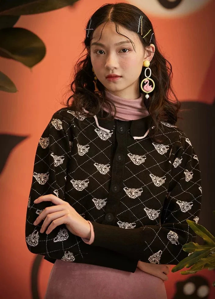 cute short leopard knitted cardigan 
