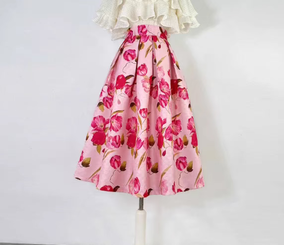 pink Hepburn elegant printed high-waisted puffy skirt