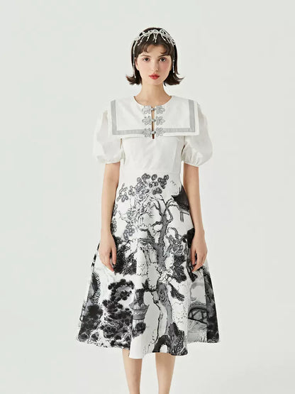 Chinese style ink print navy collar plate button dress 
