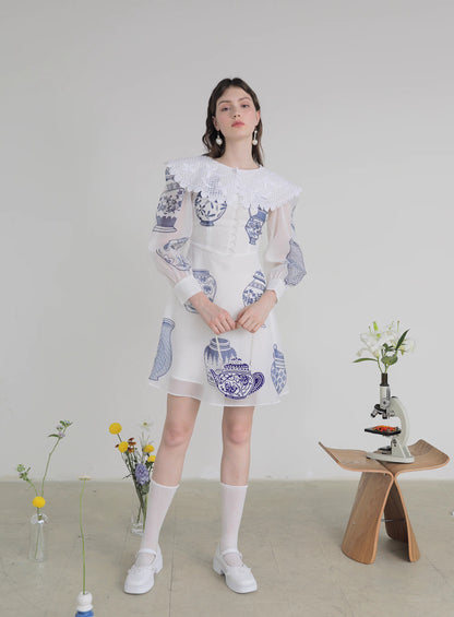 blue and white porcelain embroidered large lapel long-sleeved dress 