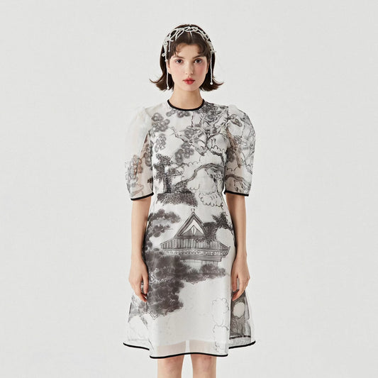 Red Mansions Ink Printed Puff Sleeve Dress 