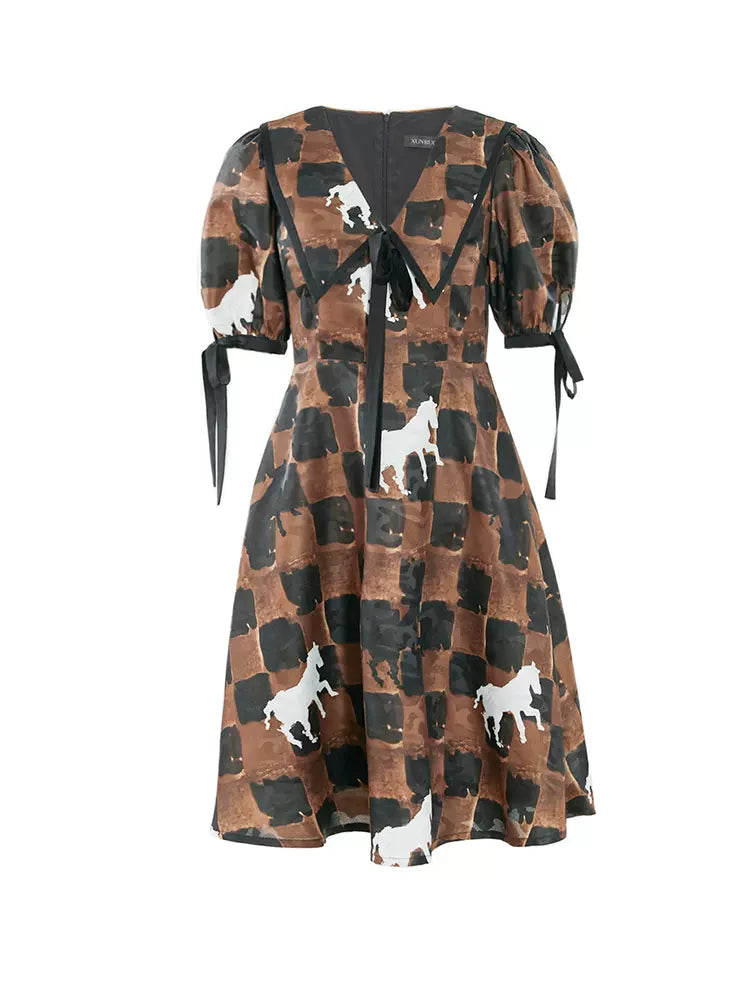 checkerboard pony print lapel dress 