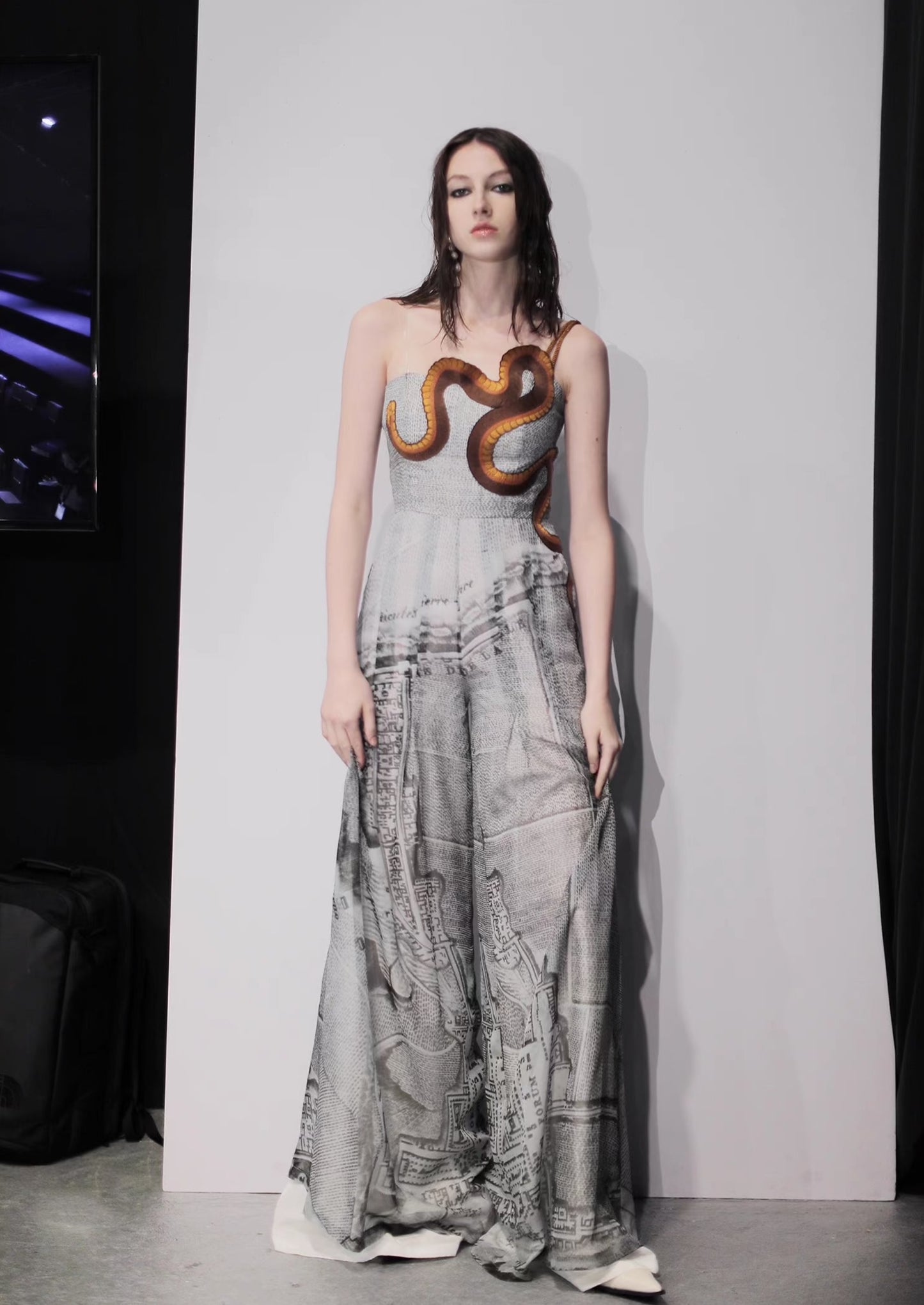 silver gray printed snake embroidered jumpsuit 