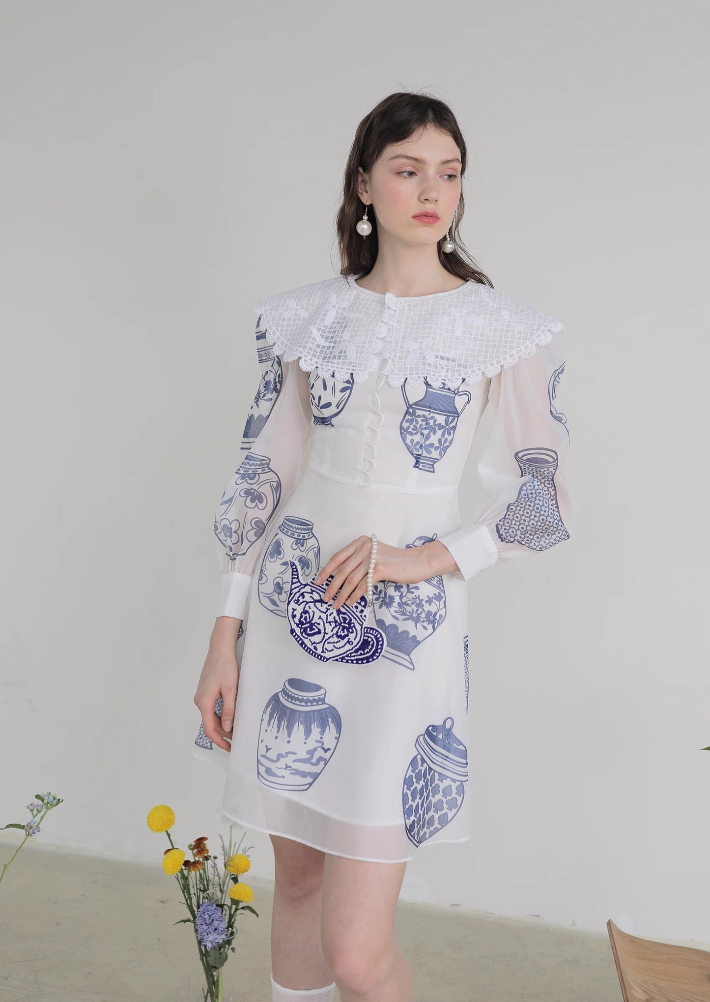 blue and white porcelain embroidered large lapel long-sleeved dress