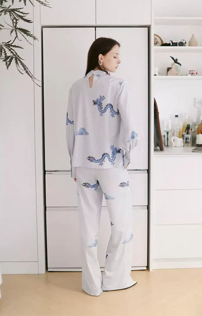 national style blue dragon cloud printed pants