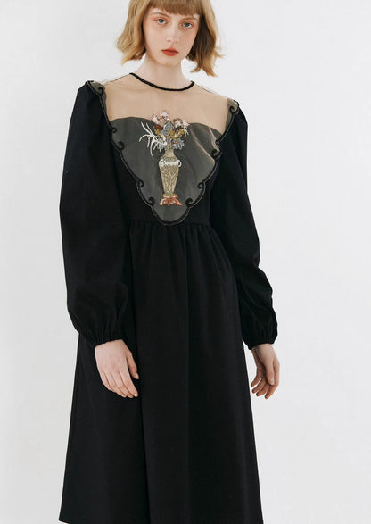 mesh hollow vase embroidery long sleeve dress 