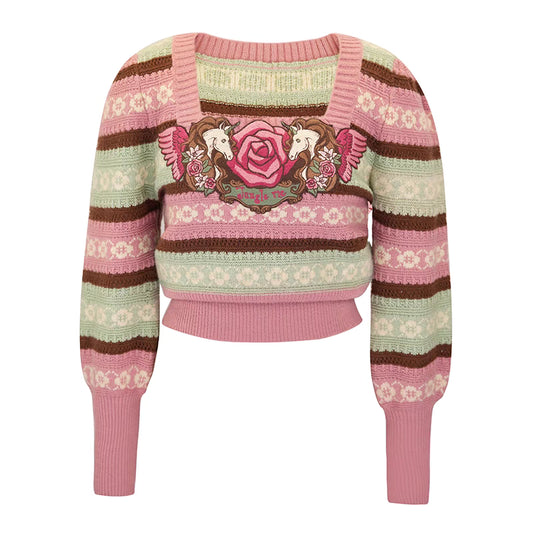 pink jacquard striped horse embroidered sweater 