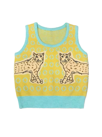yellow and blue contrast cat embroidered vest