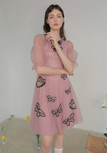pink butterfly embroidery dress