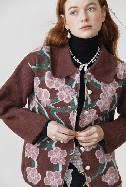 maroon contrasting color flower lapel sweater jacket 