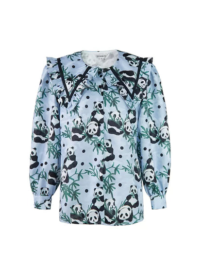 light blue panda print long-sleeved shirt