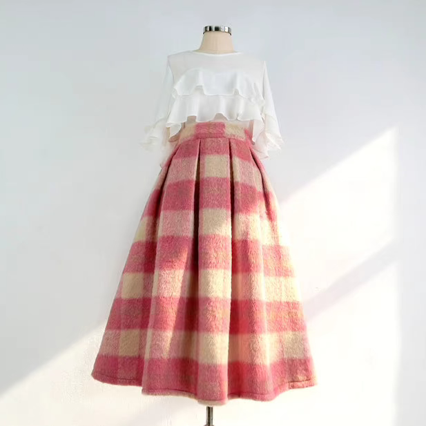 pink plaid woolen A-type high-waisted skirt