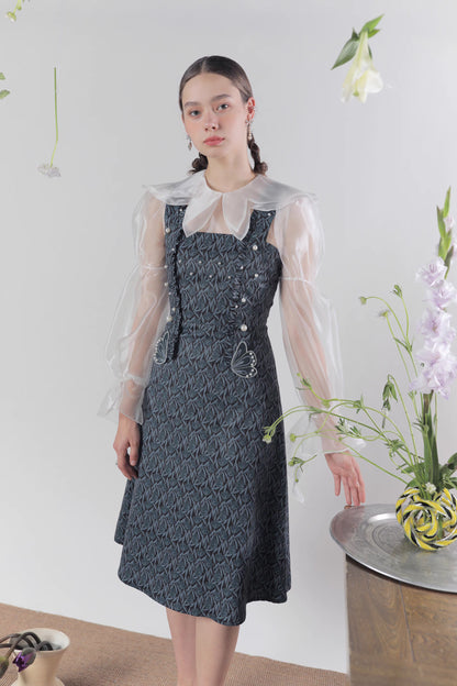 butterfly style double collar transparent organza shirt
