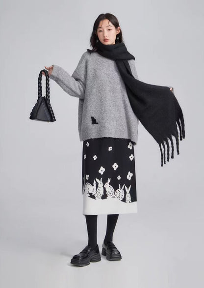 Rabbit jacquard elastic waist A-line woolen knitted skirt 