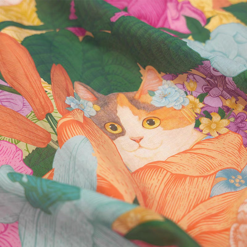 Cat Mystic Garden Print High Waist Pleated Skirt
