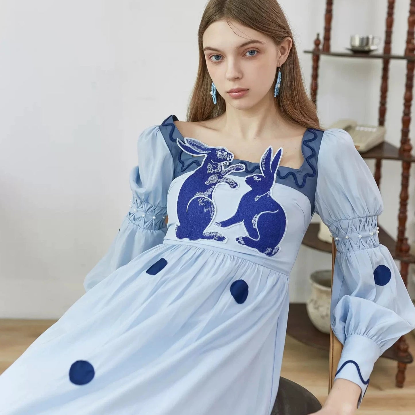 blue and white rabbit embroidery polka dot square collar dress