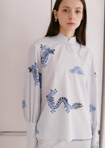 blue dragon cloud print bow shirt 