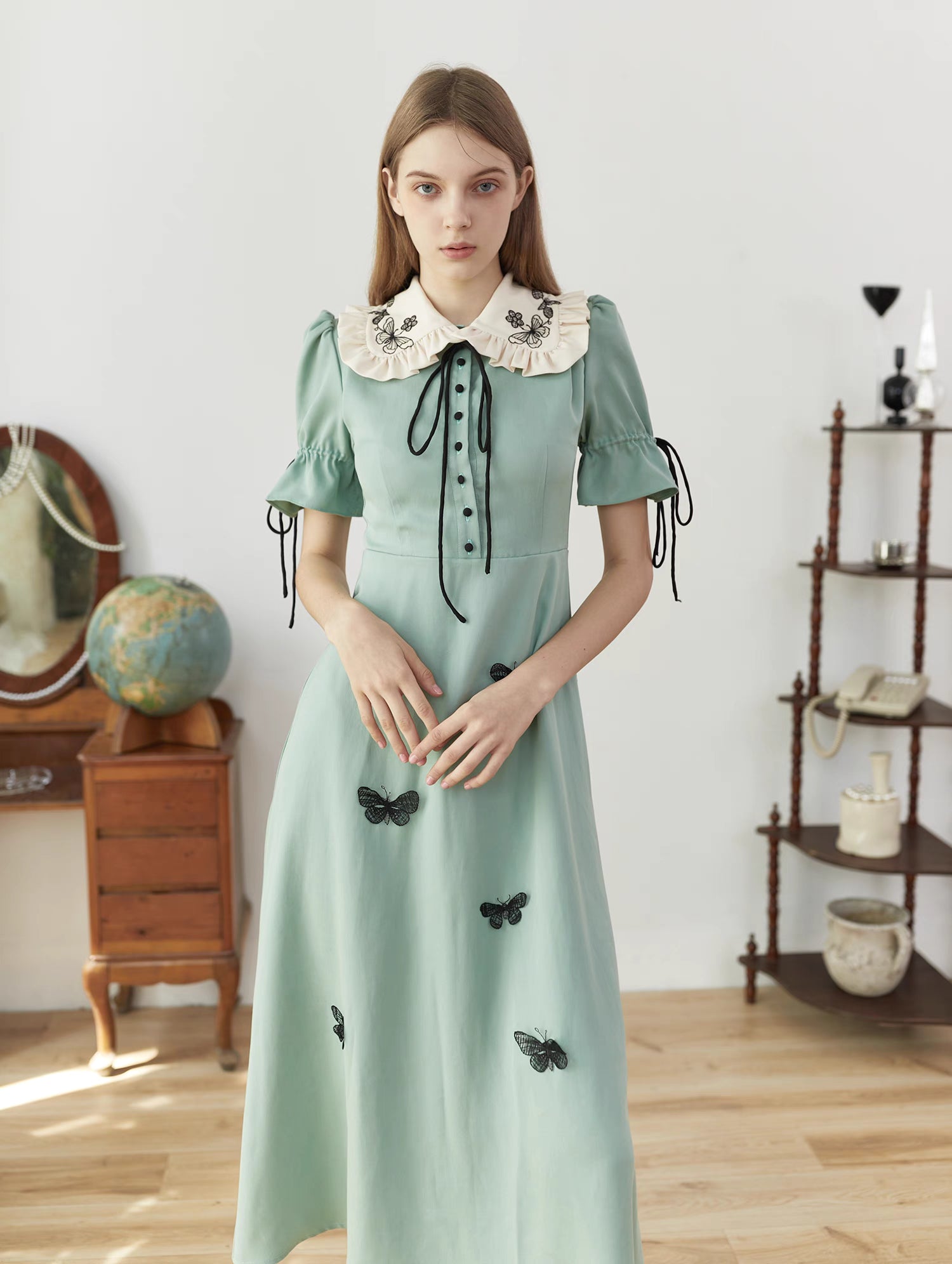 butterfly embroidered avocado green dress – remulia
