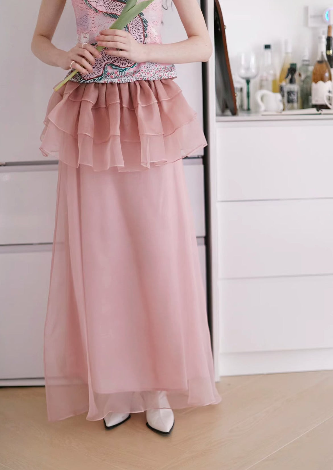pink wasp waist pleated long skirt 