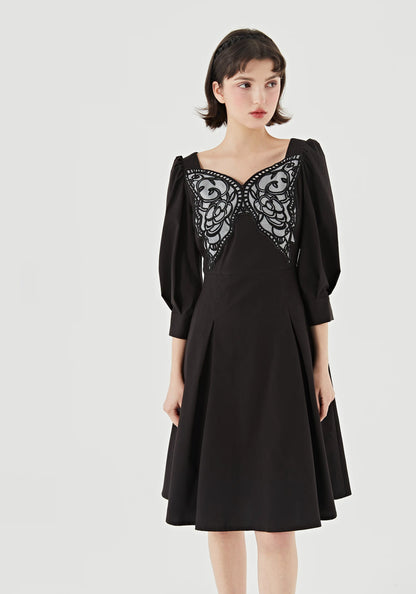 butterfly embroidery French square collar dress 