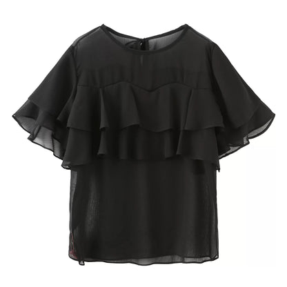 hazy round neck ruffled sleeves chiffon shirt