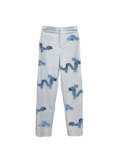 national style blue dragon cloud printed pants