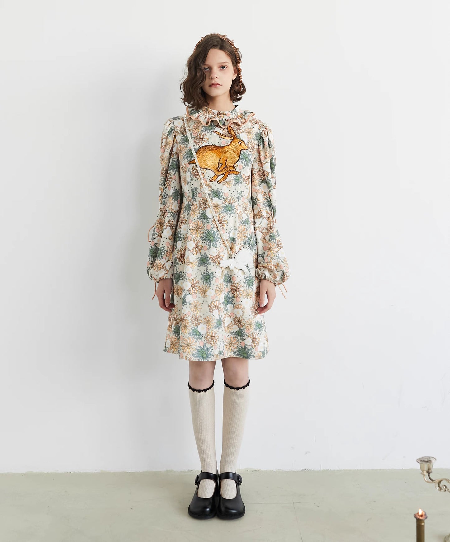 rabbit embroidered long-sleeved dress 