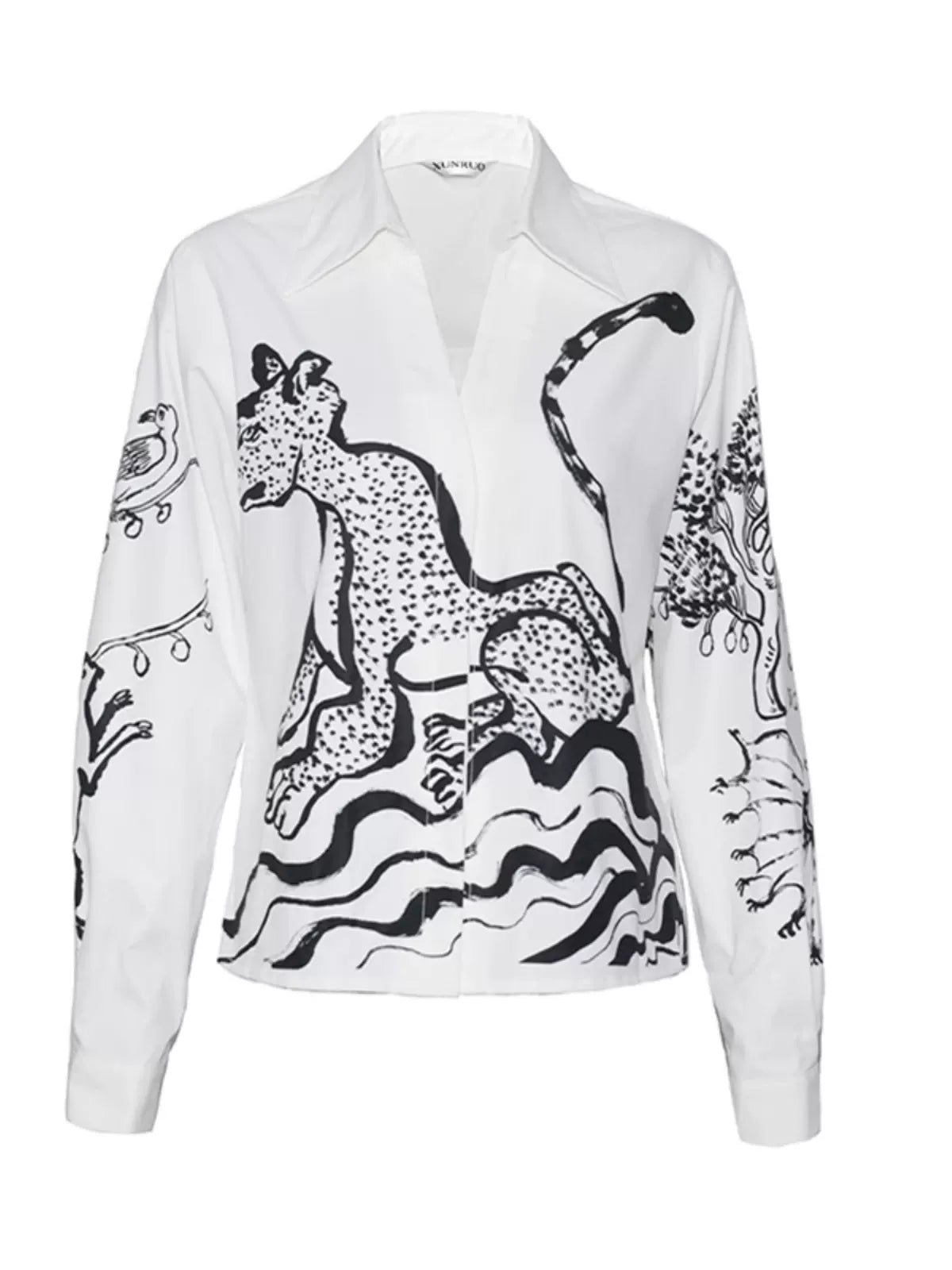 leopard panther print long-sleeved black and white shirt