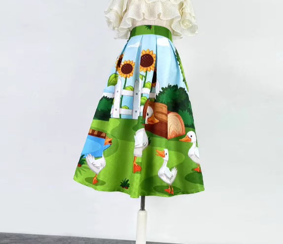 French style duck printed high-waisted skirt