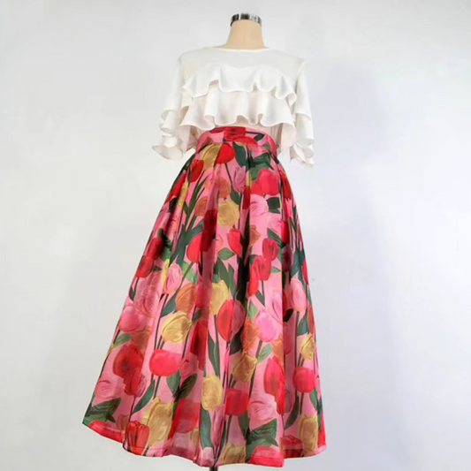 French commuting print high-waisted half-length tutu skirt