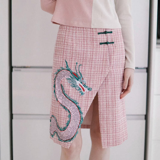 Popron dragon embroidered tweed slit skirt