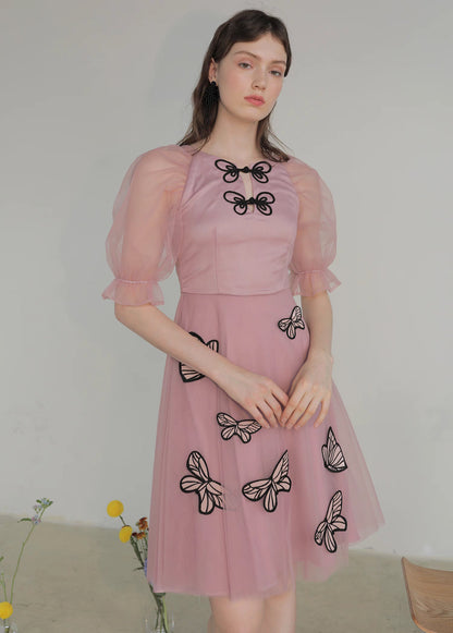 pink butterfly embroidery dress