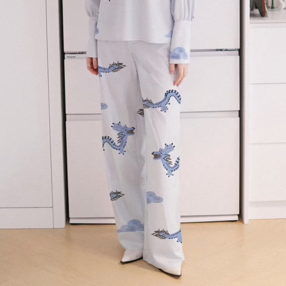 national style blue dragon cloud printed pants 